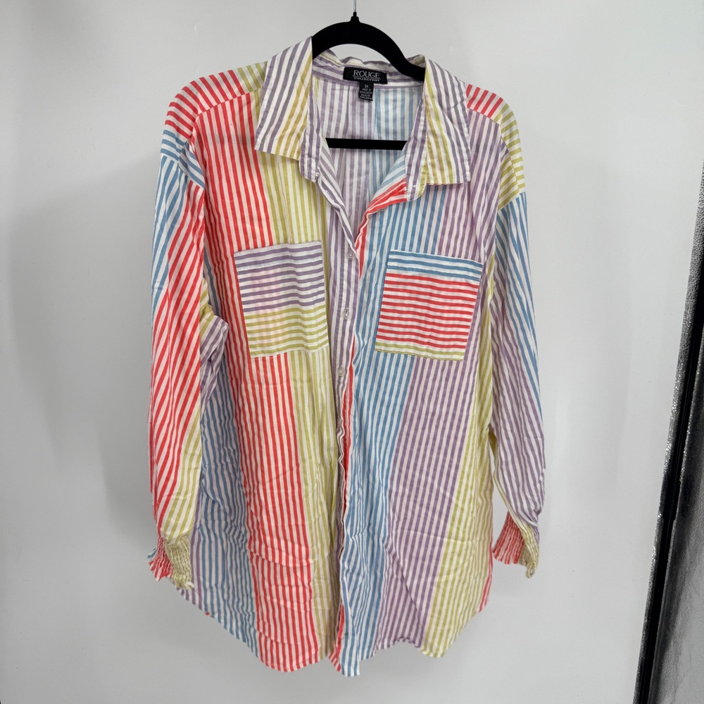 Rouge Collection Womens 3X Multicolor Striped Button Down Shirt Smocked Cuff
